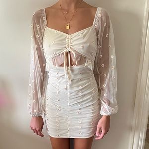 Flower Embroidered Off White Dress